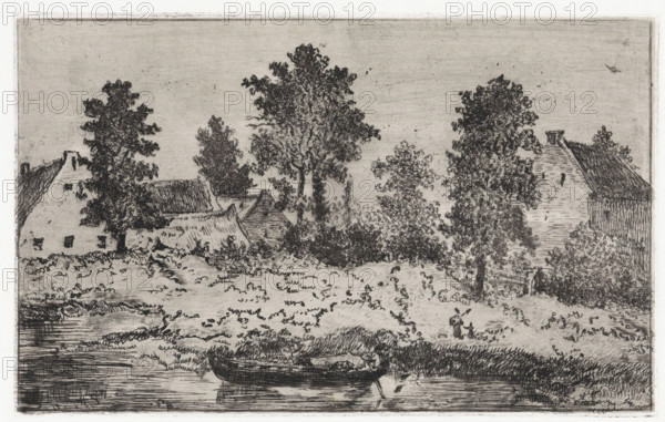 Houses by the river, print, printmaker: Arnoud Schaepkens, 1855 - 1904, paper, chine collé,