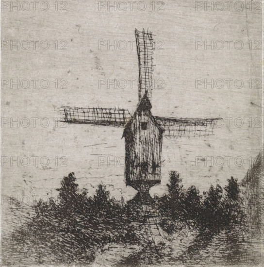 Windmill with three visible blades, print, printmaker: Arnoud Schaepkens, 1855 - 1904, paper, chine