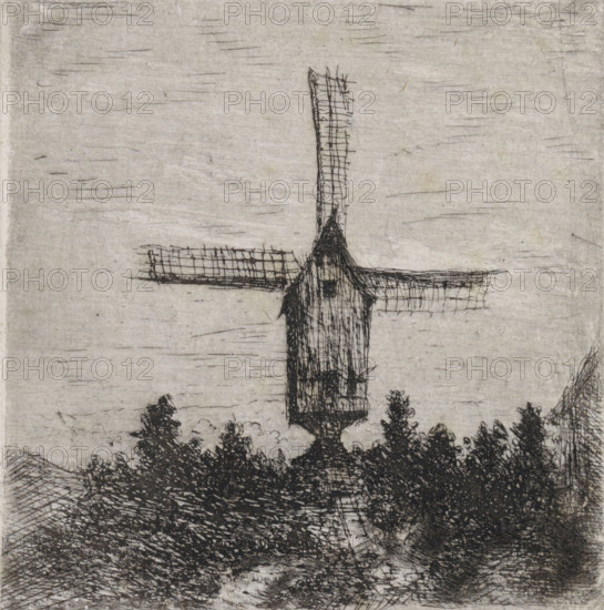Windmill with three visible blades, print, printmaker: Arnoud Schaepkens, 1855 - 1904, paper, chine
