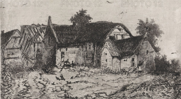Group of thatched houses, print, printmaker: Arnoud Schaepkens, 1855 - 1904, paper, chine collé,