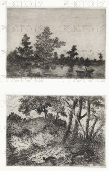 Water landscape with rowboat, Woodland landscape with a fox, print, printmaker: Arnoud Schaepkens,