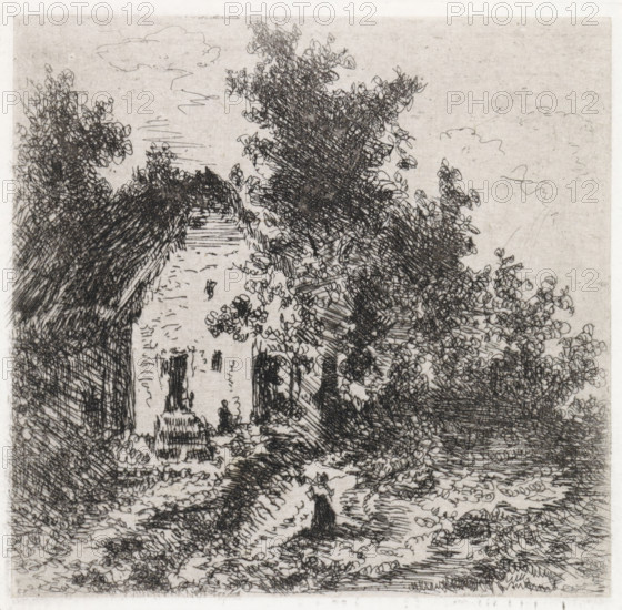 Farm under trees, print, printmaker: Arnoud Schaepkens, 1855 - 1904, paper, chine collé, etching,
