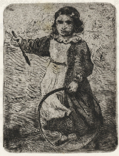 Girl with hoop, print, printmaker: Arnoud Schaepkens, 1831 - 1904, paper, chine collé, etching,