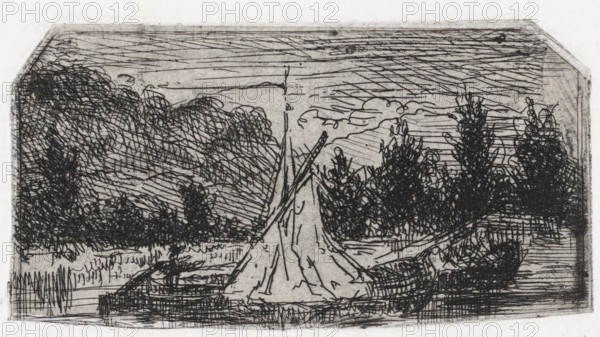 Sailing ship in a hilly landscape, print, printmaker: Arnoud Schaepkens, 1831 - 1904, paper, chine