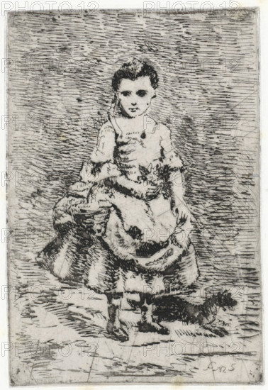 Young girl with dog, print, printmaker: Arnoud Schaepkens, 1831 - 1904, paper, chine collé,
