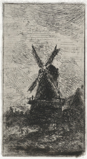 Windmill, print, printmaker: Arnoud Schaepkens, 1831 - 1904, paper, chine collé, etching, drypoint,