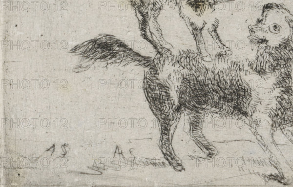 Dog and cat, print, printmaker: Arnoud Schaepkens, 1831 - 1904, paper, chine collé, etching,