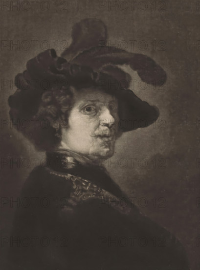 Portrait of a man with a feathered beret, print, A soldier dressed in a cloak and a beret with