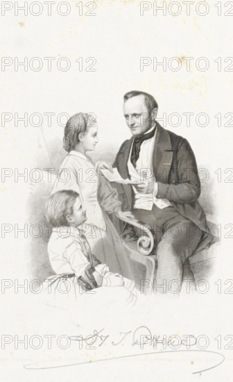 Title page for: JP Heije, Al de Kinderliederen, 1861, Man with two children, print, title page, A