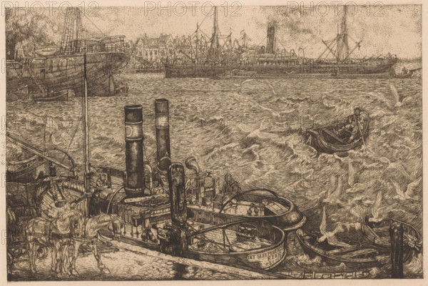 Harbour with tugboats in Rotterdam, print, On the right in the foreground two tugboats moored at a