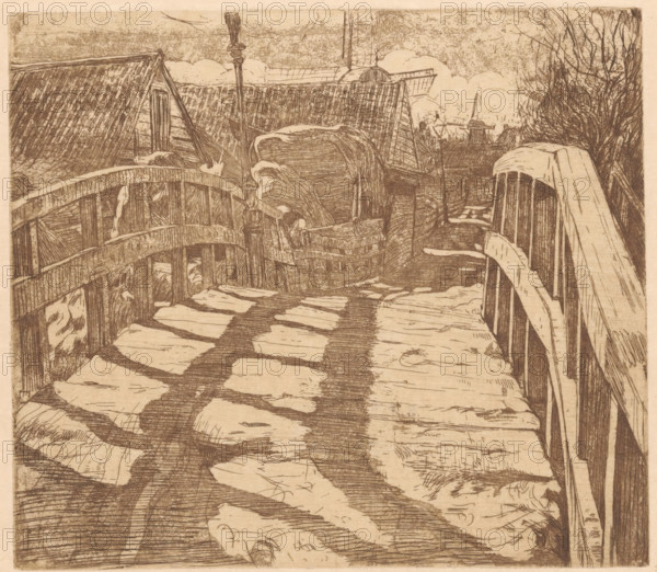 Bridge in the Baarsjes in Amsterdam, print, A wooden bridge whose railing casts a shadow on the