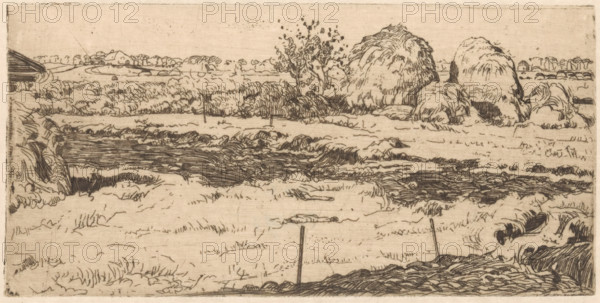 Field with haystacks, print, A piece of land fenced off with posts. On the left, part of a barn. In