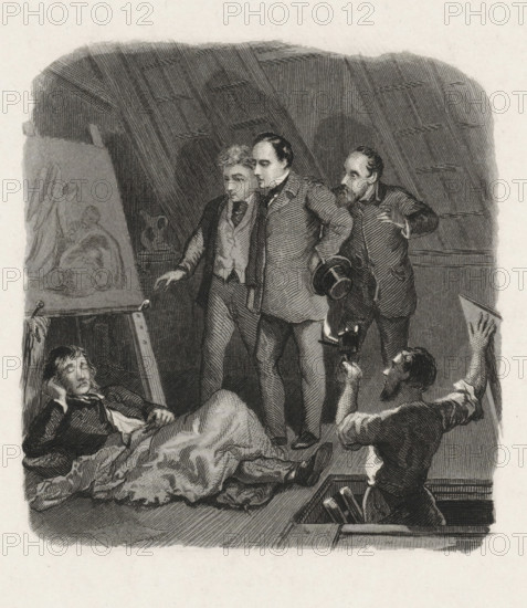 Sleeping painter caught, print, In an attic room, three men look down on a painter lying on the