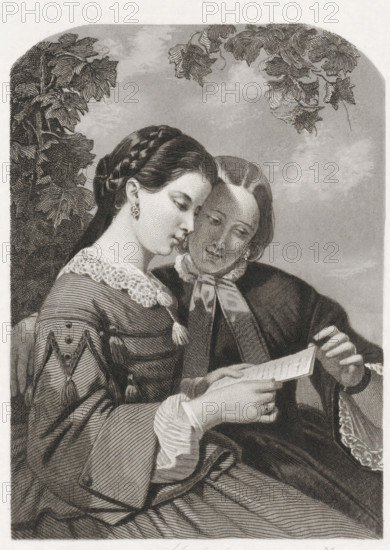 Two women with a letter, print, printmaker: Dirk Jurriaan Sluyter, Amsterdam, 1826 - 1886, paper,