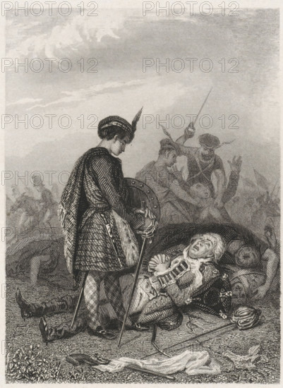 Soldier begs for his life, print, book illustration, A soldier lying on the ground begs for his