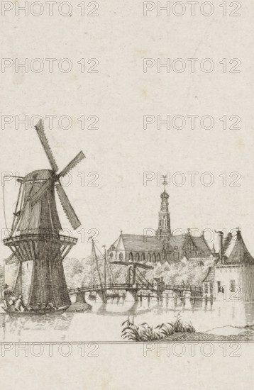 View of the Spaarne in Haarlem, Spaarne Haarlem, print, with figures on the left with barrels in a
