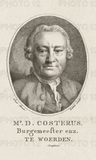 Portrait of Dominicus Costerus, Mr. D. Costerus Mayor etc. in Woerden, print, Portrait bust of