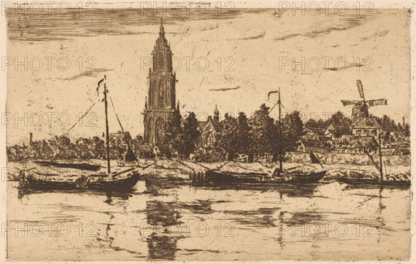 View of Rhenen, print, In the foreground the Lower Rhine. On the left the tower of the Cunerakerk,