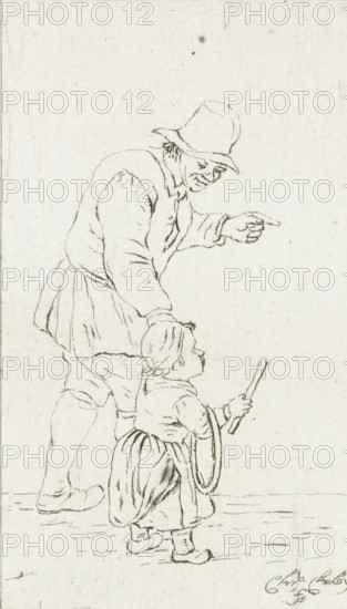 Standing man with child with hoop, print, A father plays with his son. He has the child by the hand