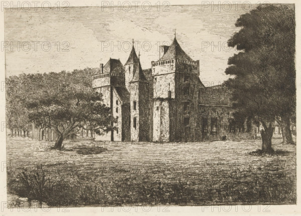Assumburg Castle, print, View of the side of Assumburg Castle in Heemskerk. The castle is named