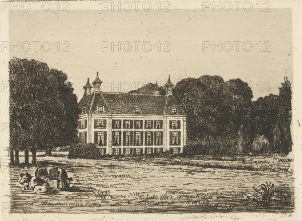 Waterland Estate, print, View from a meadow on the Waterland estate. In the foreground two cows.,