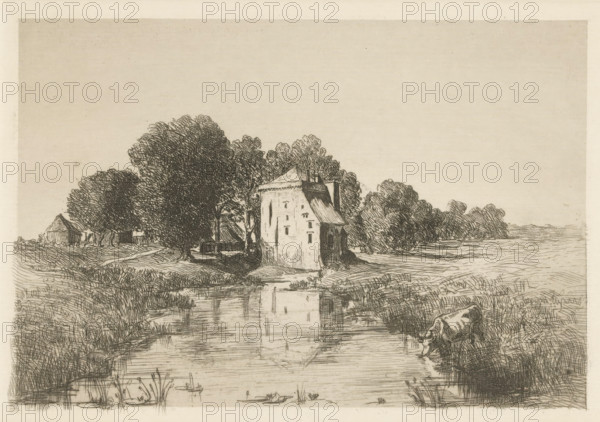 Nijenbeek Castle, print, View of Nijenbeek Castle, on the bank of the Voorsterbeek (an old bed of