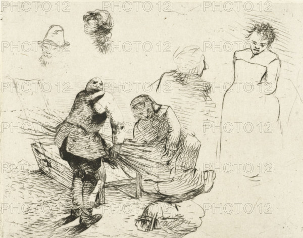 Study sheet with man with twig bush and kneeling woman by ice sled, print, printmaker: Albertus