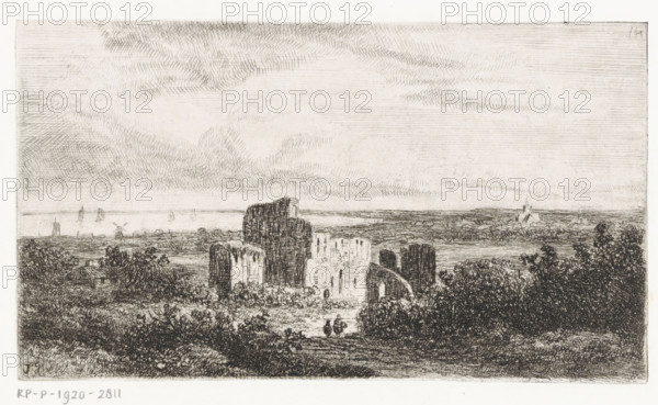 Coastal landscape with ruin, print, Series number, 14, A ruin lies in the dunes. A small church