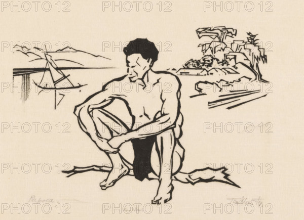 Papua (original title), print, A man sitting on a tree branch by the water. In the background