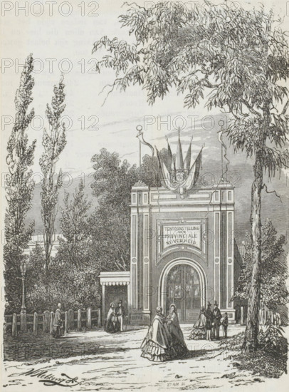 Exhibition of provincial industry in Amsterdam in 1859, print, A number of figures stand in front
