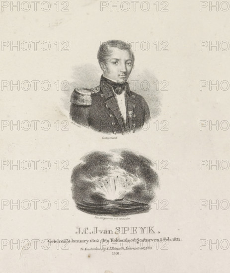 Portrait of Jan van Speyk and the explosion of his ship, print, The sitter wears a military uniform