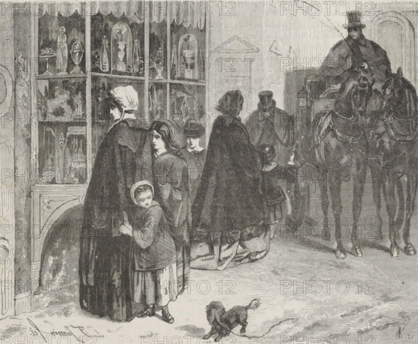 Sinterklaas Day, print, book illustration, A woman and two children are standing in front of a shop