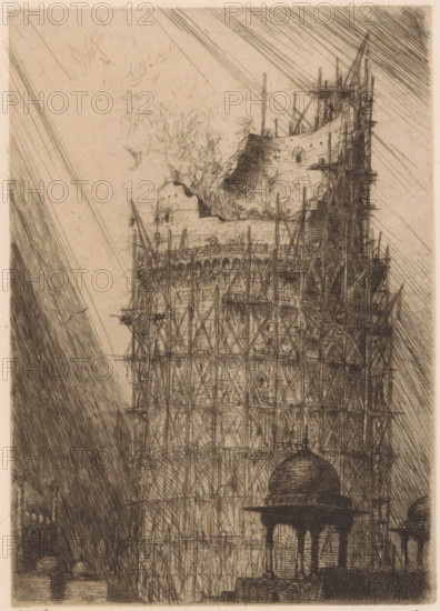 Enchanted tower, print, A tower under construction. At the upper floors several winged figures.,