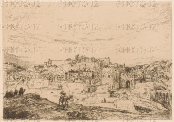 Oriental city, print, Cityscape of a city with a fortress and various mosques. In the foreground,
