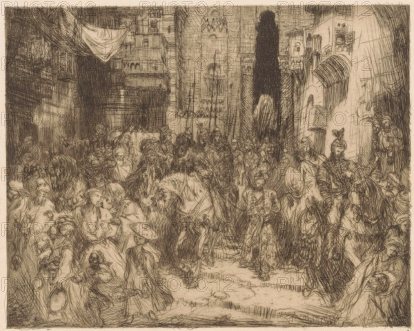 Aladdin, print, A man in Oriental clothing with his hands tied behind his back is being led down