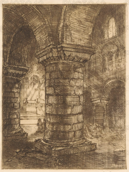 Lying monk in a church, print, book illustration (design), printmaker: Jan Poortenaar (signed by