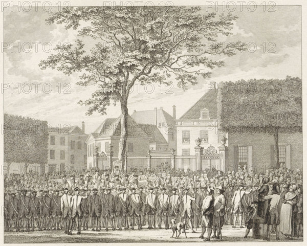 Feudal Court in Zutphen, 1764, print, Meeting of the feudal court in the open air under the oak,