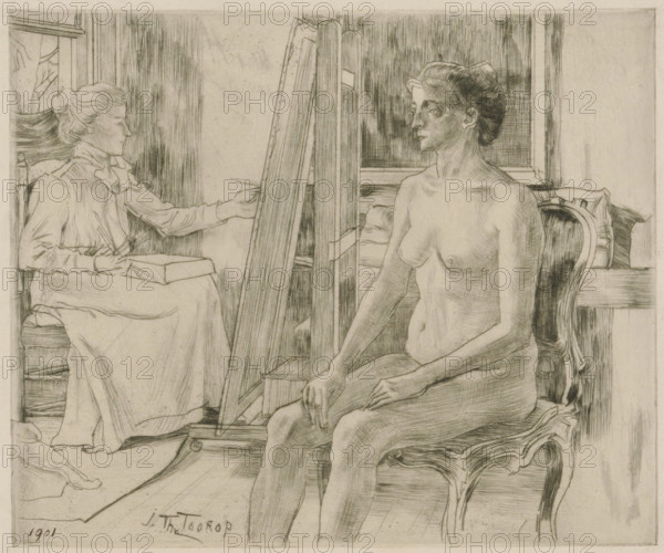 The model (original title), Artist working from a female nude model, print, printmaker: Jan Toorop