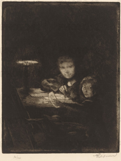 Drawing children at dusk, print, printmaker: Albert Besnard (signed by artist), France, 1859 -