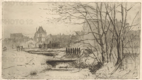 Spring (original title on object), print, Bare trees by a ditch. In the background the silhouettes