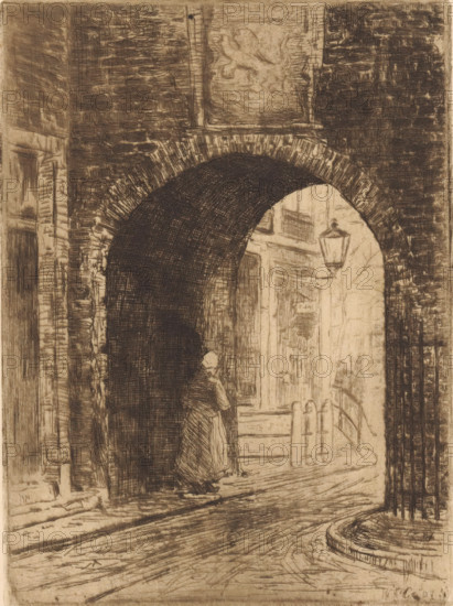 Gevangenpoort in The Hague, print, A woman walks under the gate., printmaker: Willem Adrianus