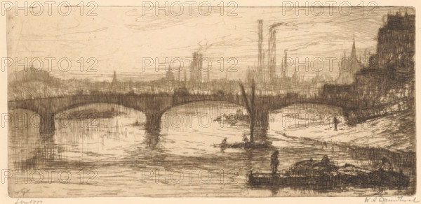 London (original title on object), print, A bridge over the Thames in London. In the background the
