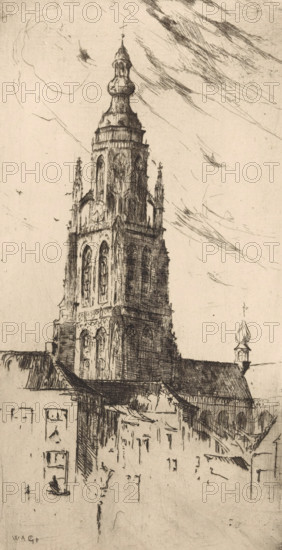 Tower of the Grote Kerk in Breda, Nieuwe Kerk in Delft (former title), print, printmaker: Willem
