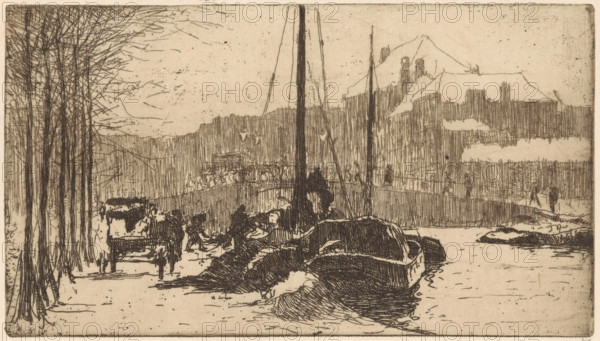 Snow in the city (original title), print, Moored boats at a snowy quay in The Hague. In the