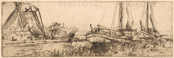 De Vliet (original title), print, A windmill along the Vliet near The Hague. Two moored ships on
