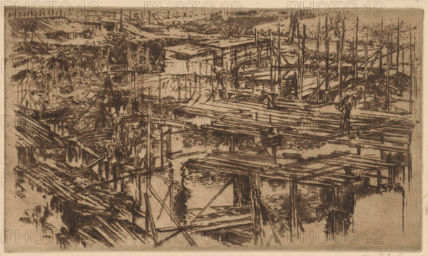 Construction pit with scaffolding, print, printmaker: Johannes Löhr, 1892 - 1928, paper, etching,