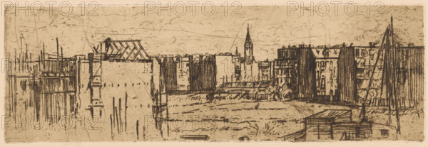 View of Amsterdam with houses under construction, print, In the foreground a construction site. In