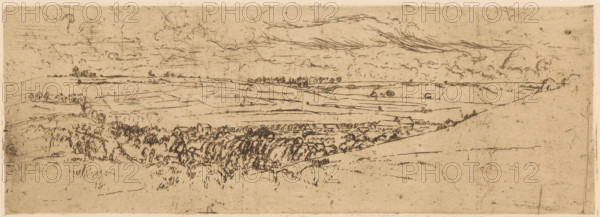 Rolling landscape with village, print, printmaker: Johannes Löhr, 1892 - 1928, paper, etching,