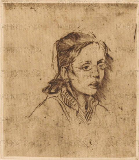 Face of a young woman with glasses, print, printmaker: Johannes Löhr, 1892 - 1928, paper, etching,