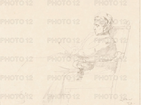 Portrait of a woman, identified by VJ-DvH, print, Portrait of a woman reading a book in a chair.,